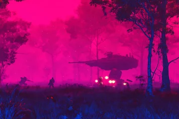 Selbstklebende Fototapeten Futuristic battle in pink lit forest © Diki prayoga