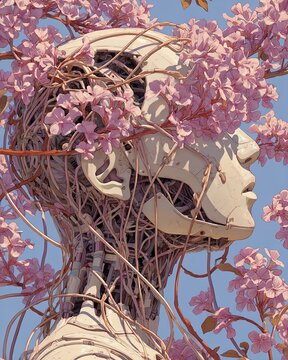 AI artist identity crisis digital portrait, concept-driven AI artist identity crisis artwork for future creative commentary A harmonious blend of technology and nature.