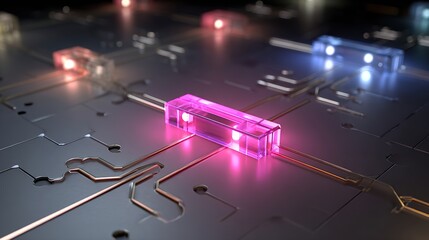 Silicon photonic modulator background with Mach-Zehnder interferometers in sapphire, optical computing core.
