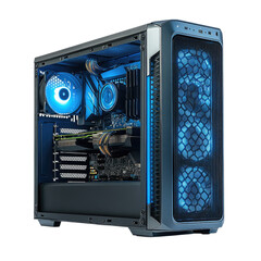 Modern gaming PC setup with blue LED lighting showcasing high-performance components isolated on transparent background, cutout png