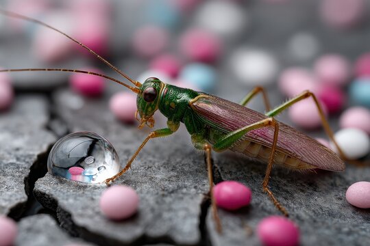 A striking macro shot captures a grasshopper perched beside a crystal-clear droplet on a vibrant ground of candy, representing the intersection of nature and human enjoyment.