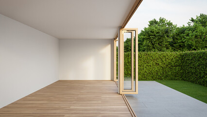 Empty white room with wood-framed glass doors open to garden. Modern house interior 3d rendering.