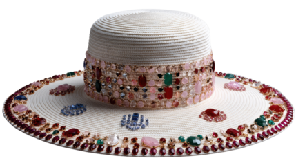 Embellished Hat: A close-up view of a sophisticated sun hat with colorful jewels and crystals, showcasing elegant design and luxury details.