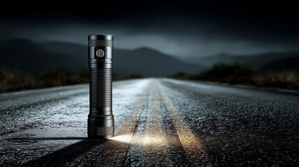 A powerful, dark tactical flashlight illuminates a beam of light against a black background.