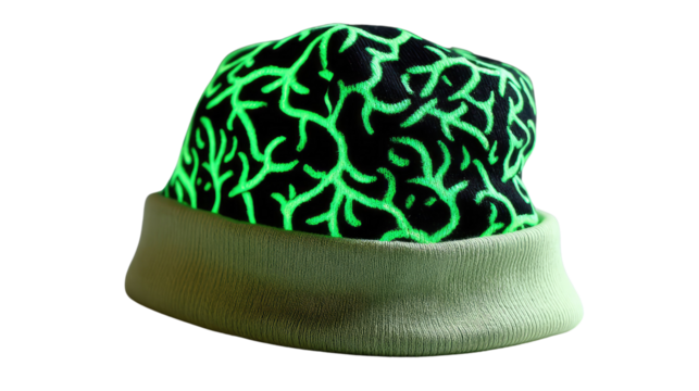 Electric Beanie: A uniquely designed beanie features a striking neon green pattern, offering a bold, stylish aesthetic, perfect for adding a touch of individuality.