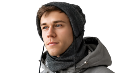 Portrait of a Young Man in Winter Gear: A handsome young man gazes pensively, wrapped in warm winter attire, embodying the serene spirit of a tranquil winter's day.