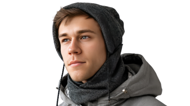 Portrait of a Young Man in Winter Gear: A handsome young man gazes pensively, wrapped in warm winter attire, embodying the serene spirit of a tranquil winter's day.
