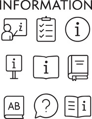 Information and info line icon set. Instruction, rule, guide, info center,manual, reference book, dictionary, help and more. Outline icon in linear style. Vector collection
