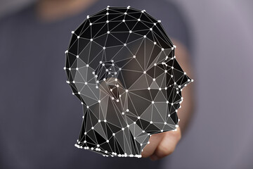 Abstract polygonal head,concept of AI, digital intelligence, neural networks, and future tech.