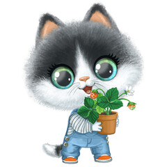 Cute cartoon Kitten with pot of strawberry on q white background