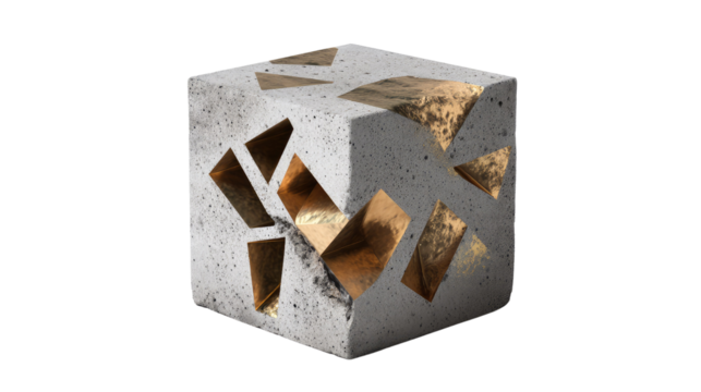 Architectural Marvel: An abstract concrete cube showcases geometric openings and golden accents, a testament to innovative design and artistry.