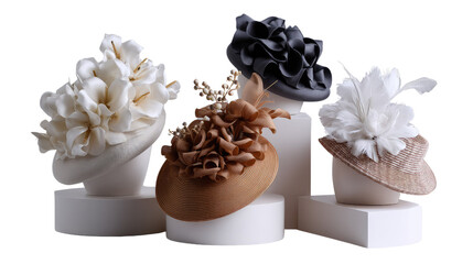 Stylish Millinery Display: An elegant assortment of exquisitely designed hats showcases the artistry of millinery, with each piece meticulously crafted to perfection