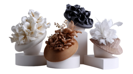 Stylish Millinery Display: An elegant assortment of exquisitely designed hats showcases the artistry of millinery, with each piece meticulously crafted to perfection