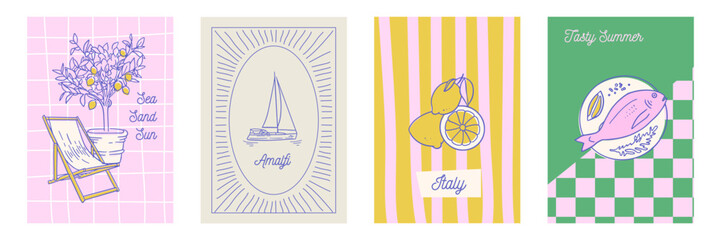 Hand draw la dolce vita cards set. Mediterranean food, lemon, yacht, sun lounger. Minimalist line art for invitations, stationery, printables, social media. Vector hand drawn illustration