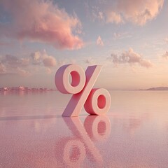 3D Percentage Symbol Over Calming Pink Landscape at Dawn