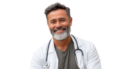 Friendly Doctor Portrait: Smiling mature doctor in white coat and stethoscope, exudes confidence and warmth, conveying trust and expertise in a clean, professional headshot.