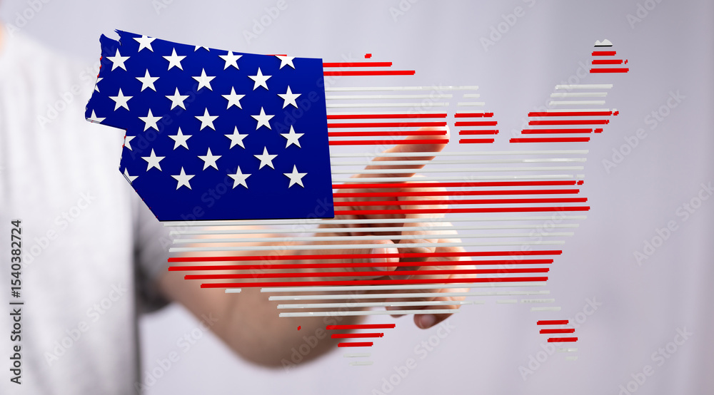 Poster interactive digital image of the usa map designed with the american flag. perfect for patriotic them