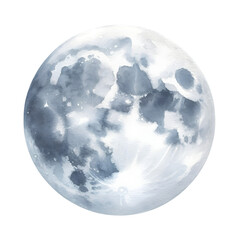 watercolor of a realistic full moon. Faint crater details painted in soft gray hues.