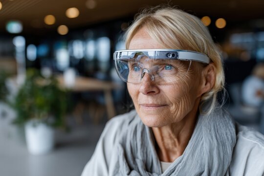 A senior woman wearing advanced smart glasses showcases the intersection of technology and age, symbolizing innovation and a modern approach to visual experience and engagement.