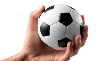 Soccer Ball in Hand: A close-up shot of a hand firmly gripping a classic black and white soccer ball. The image evokes a sense of anticipation and readiness for the game.