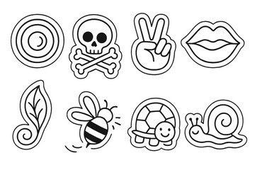 Obraz premium Line Style Stickers. Line style icons of stickers: camera lens sticker, skull and crossbones sticker, peace sign sticker, kiss