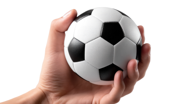 Soccer Ball in Hand: A close-up shot of a hand firmly gripping a classic black and white soccer ball. The image evokes a sense of anticipation and readiness for the game. - Powered by Adobe