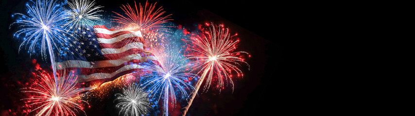 USA background banner panorama template greeting card - Waving American flag - 4th of July, Memorial Day, Veteran's Day, or other patriotic celebration and sparkling firework