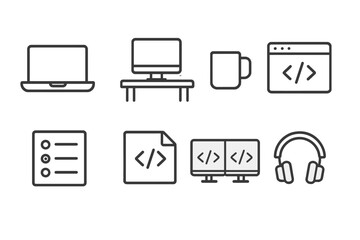 Developer Workspace Icons. Line style icons of developer workspace: laptop, desk setup, coffee mug, code editor, task list, dev