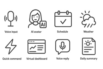 Digital Assistant Icons. Line style icons of digital assistants: voice input, AI avatar, schedule reminder, weather report, quick