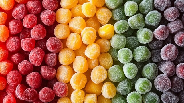 Gummy drops appear in a colorful arrangement with red, yellow, green, and purple hues, showcasing their sugary texture.