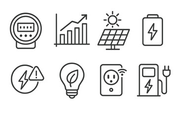 Energy Management Icons. Line style icons of energy management: smart meter, energy consumption graph, solar panel integration,