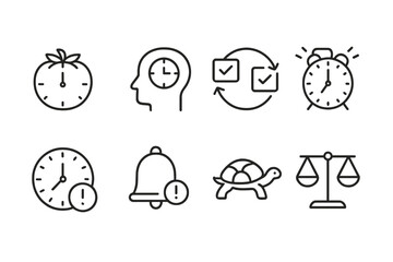 Productivity Icons Set. Line style icons of productivity with balance: Pomodoro clock, deep focus icon, task break loop, work