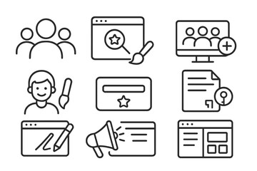 Community Creation Icons. Line style icons of community creation: start group, select topic, invite friends, customize avatar,
