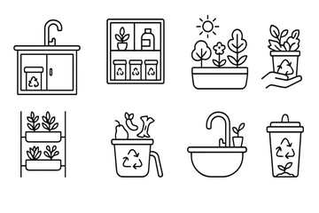 Eco-Friendly Kitchen Icons. Line style icons of biophilic design and eco interiors: compost bin under sink, home recycling zone,