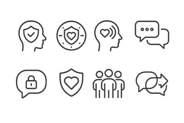 Psychology in Business Icons. Line style icons of psychology in business: psychological safety icon, safe space badge, trust radar