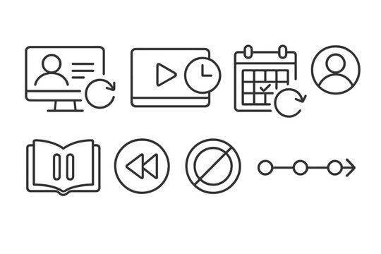 Modern Education Icons. Line style icons of new education formats: asynchronous lesson icon, watch later screen, flexible calendar