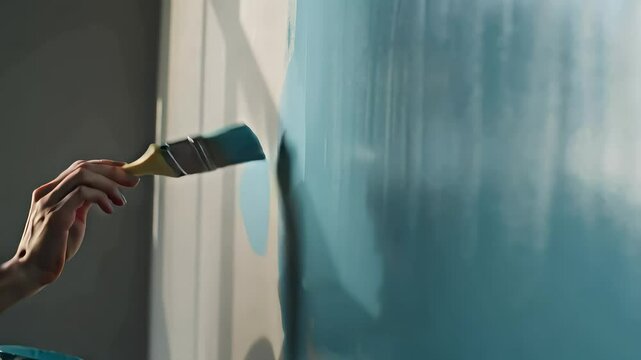 Interior home renovation with blue paint, hand applying teal color to wall with brush, professional house painting and room makeover process