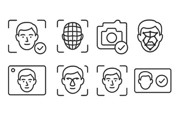 Obraz na płótnie Canvas Biometric Line Icons. Line style icons of biometrics and digital identity: facial recognition icon, 3D face scan grid, camera