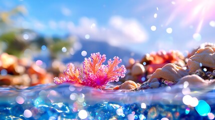 Vibrant Coral Reef in Shallow Waters with Turquoise Sea and Bright Sunlight Aquatic Ecosystem and Marine Life on Sunny Day