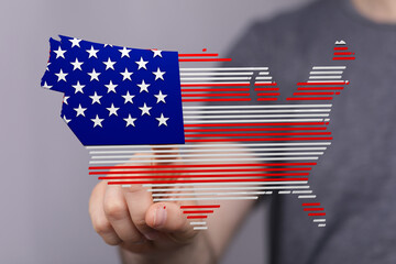 Patriotic digital art of the United States map overlaid with an American flag design. Perfect for...