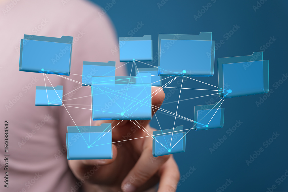 Poster Abstract image of interconnected digital files.  Concept of data management, cloud storage, network security.