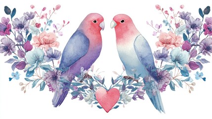 Two pastel-colored lovebirds surrounded by delicate flowers and a heart