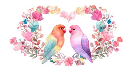 Heart-shaped floral wreath with two colorful birds