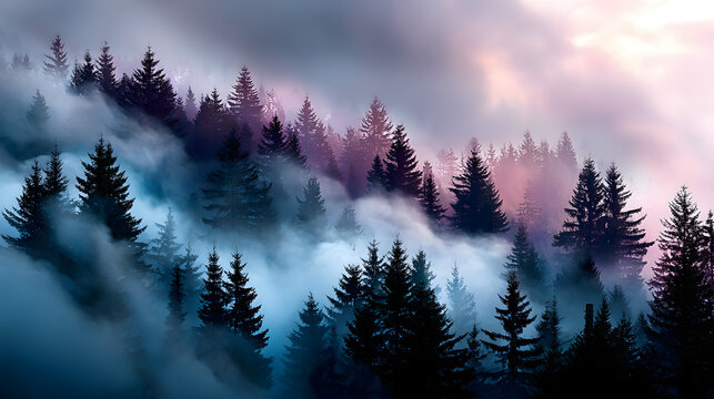 Serene retro pine forest with soft pastel-colored fog surrounding the trees, glowing in the morning light, evoking a dreamy vintage atmosphere.