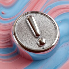 Metallic Exclamation Mark Icon on Colorful Fluid Background Design