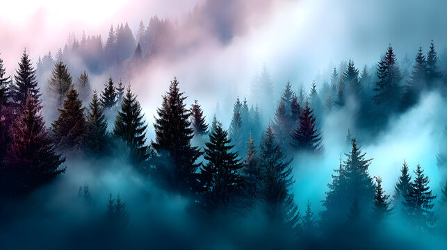 Serene retro pine forest with soft pastel-colored fog surrounding the trees, glowing in the morning light, evoking a dreamy vintage atmosphere.