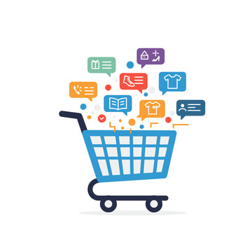 Flat icon of a shopping cart with AI-generated suggestions popping out