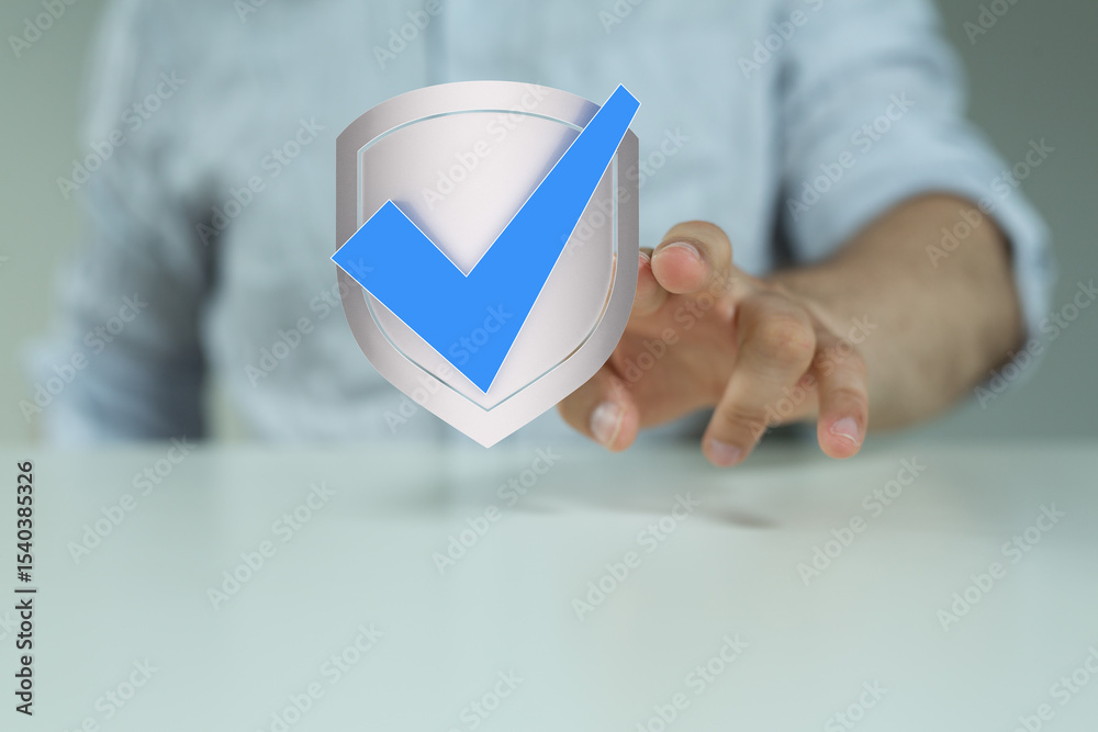 Poster hand holding a digital shield with a checkmark. data security and protection concept.