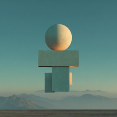 Abstract geometric sculpture with floating shapes and serene landscape