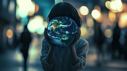 Person holding globe night city awareness